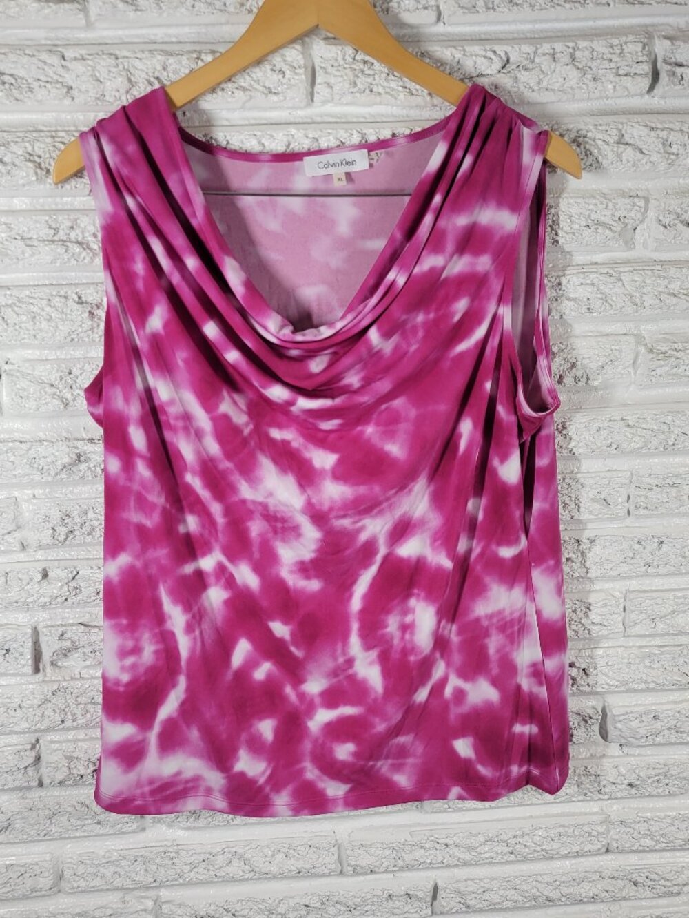Calvin‎ Klein Womens Top XL Pink White Tie Dye Draped Neck Sleeveless TIE34E